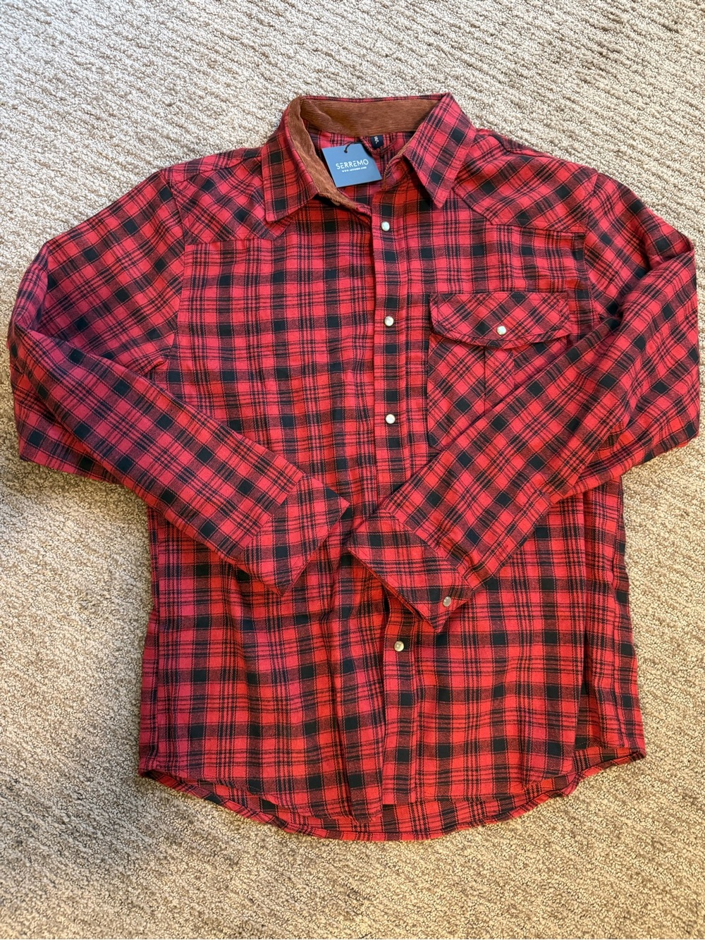 SERREMO - Red Plaid Long‑Sleeve Casual Button‑Down Shirt